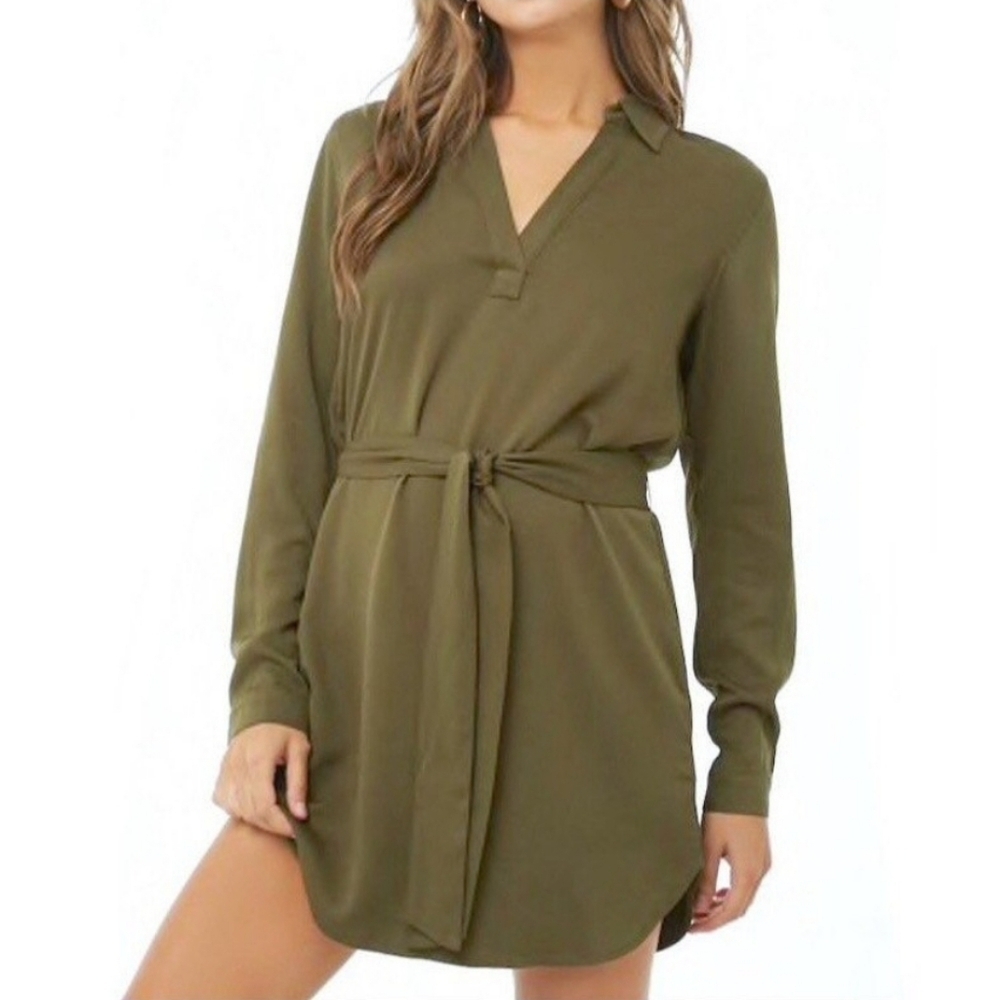 Frank & Oak Green Long Sleeve Polo Collar Dress